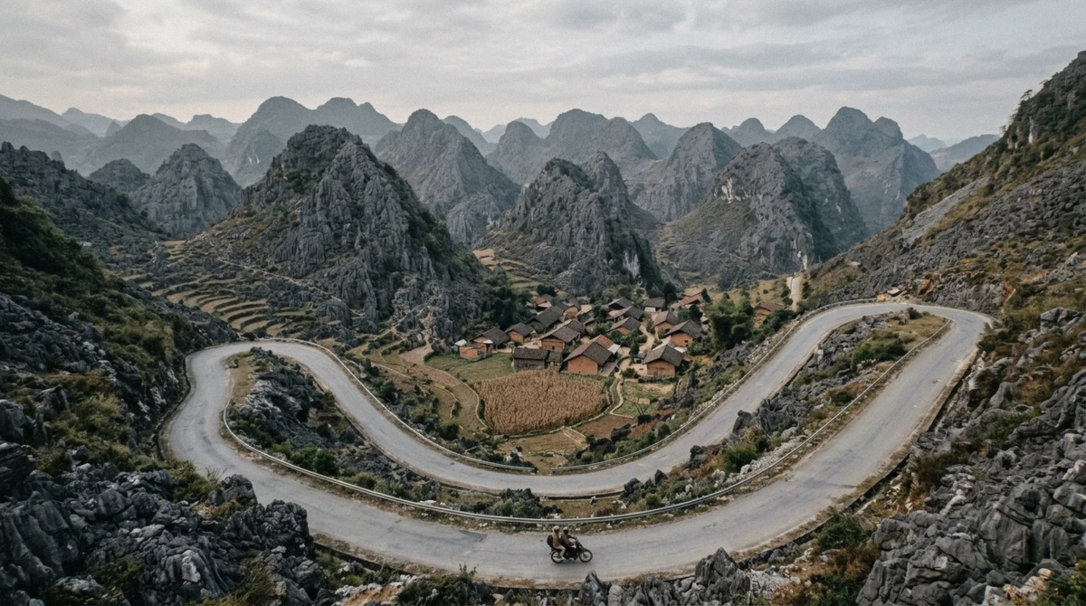 Hairpin road crossing the bare limestone spikes of the Dong Van karst plateau on the Ha Giang loop motorcycle tour route, northern Vietnam