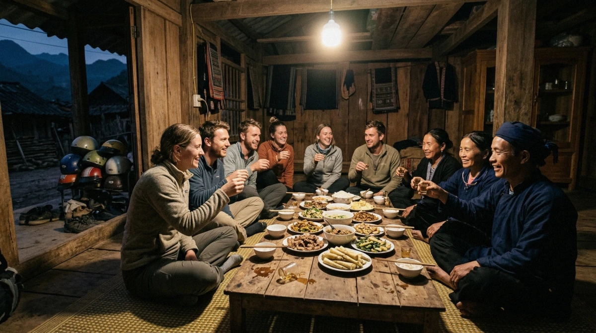 Homestay dinner with the host family in Du Gia village at the end of a Ha Giang loop motorcycle tour day, northern Vietnam