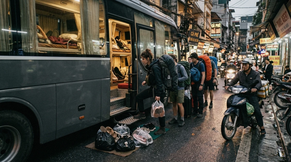 Passengers boarding a night sleeper bus in Hanoi Old Quarter at the start of a Ha Giang loop tour from Hanoi, Vietnam