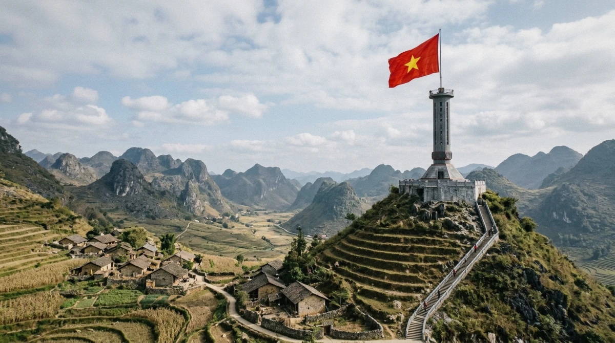 The Lung Cu flag tower on its hill at Vietnam's northernmost point, a stop on a Ha Giang loop 4 day tour, northern Vietnam
