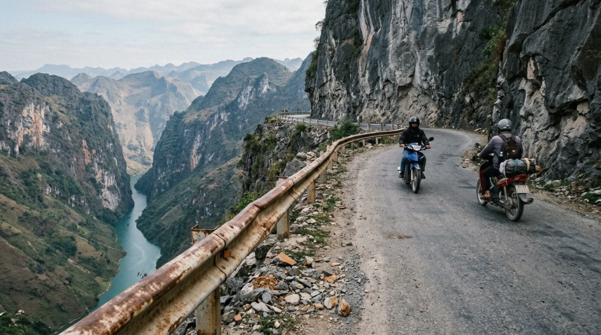 Riders on the Ma Pi Leng cliff road above the Nho Que gorge on a Ha Giang loop motorcycle tour in northern Vietnam