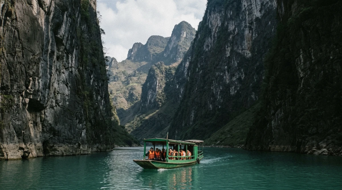 Small boat on the turquoise Nho Que River inside Tu San canyon, a stop on a Ha Giang loop motorcycle tour in northern Vietnam