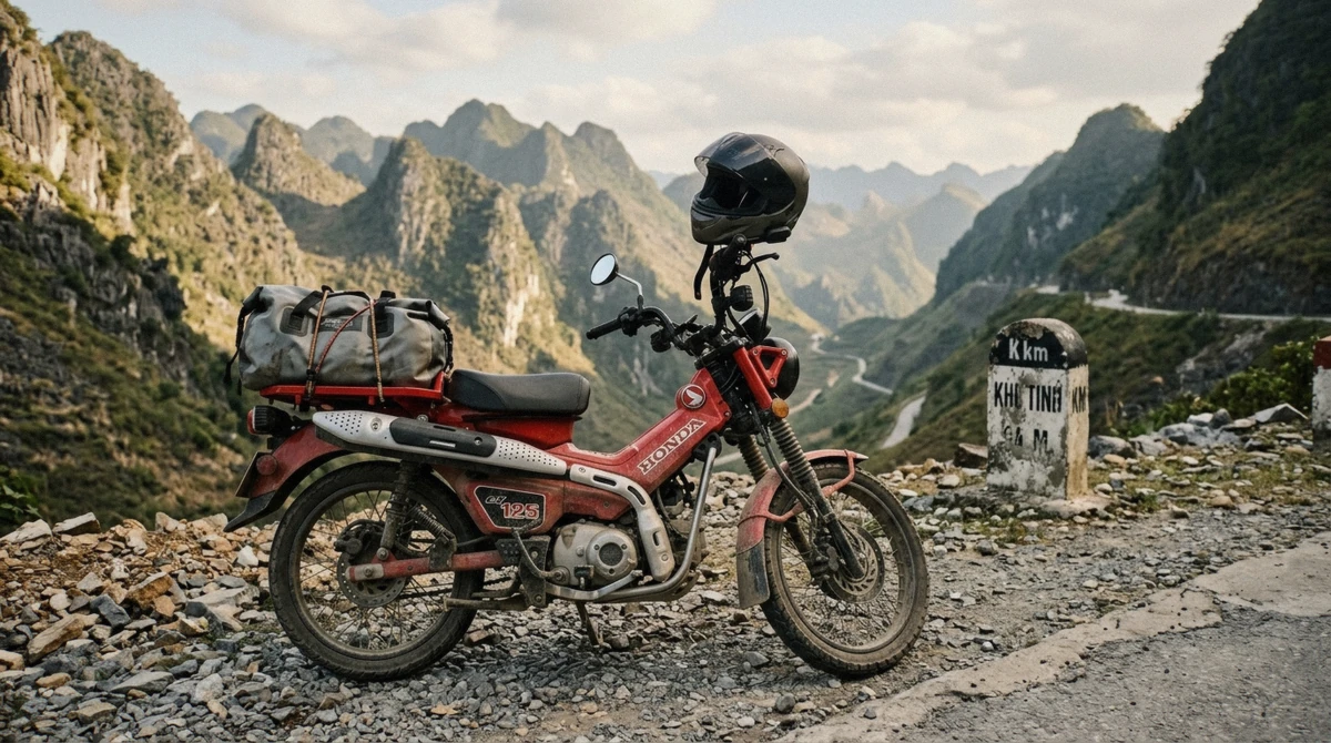 A semi-automatic Honda trail bike parked at a mountain viewpoint on a Ha Giang loop self drive route in northern Vietnam