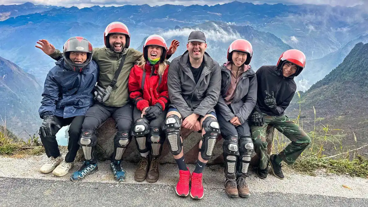 Easy rider group riding above the Nho Que gorge on a 3-day Ha Giang loop motorcycle tour from Hanoi, Vietnam